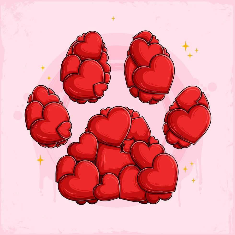 Hand drawn red hearts dog paw shaped, set of love hearts printed on paw showing animal care and love vector