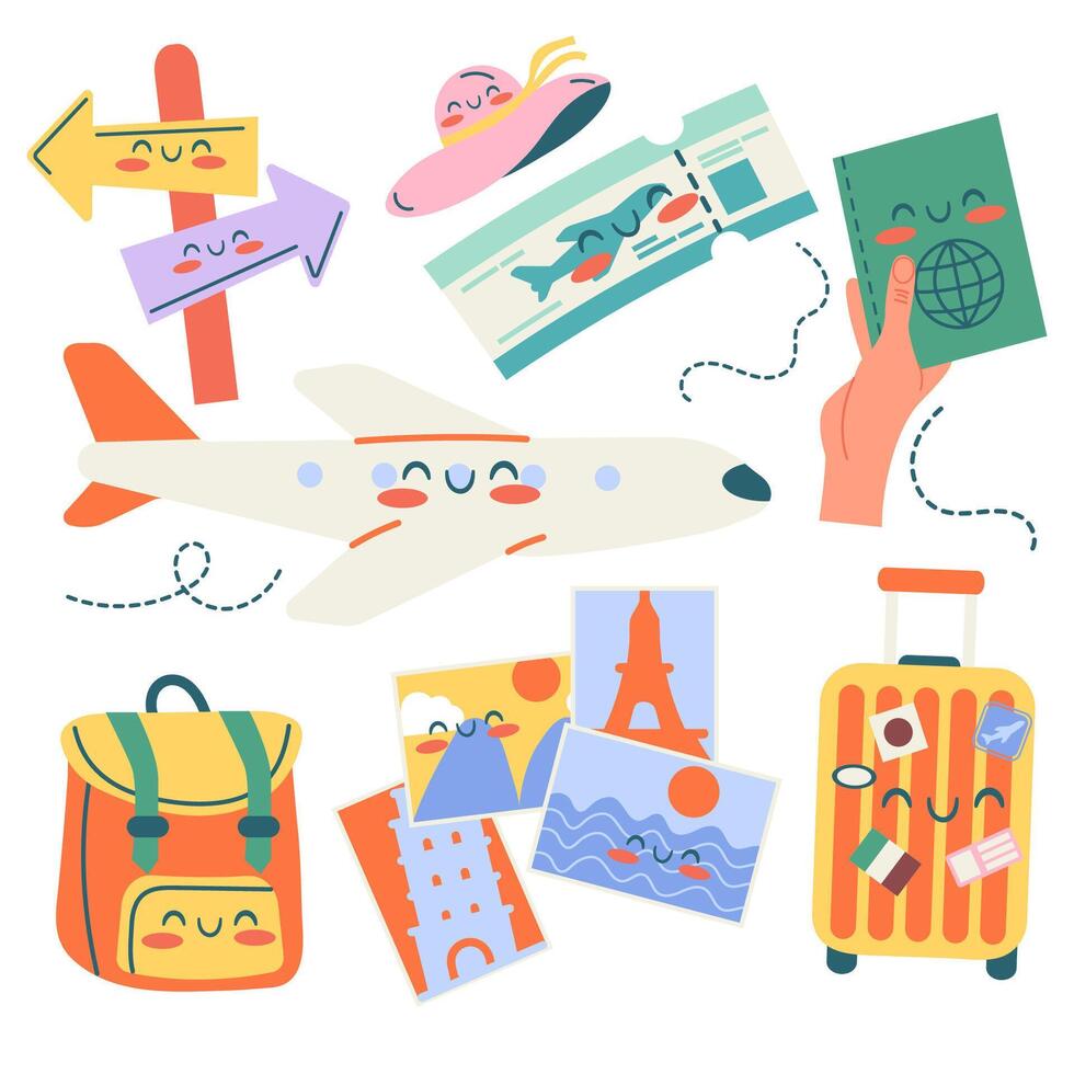 Travel kawaii elements hand drawn with lettering vector