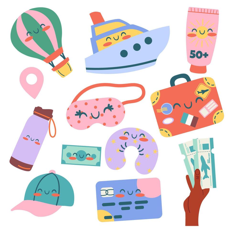 Travel kawaii hand drawn elements vector