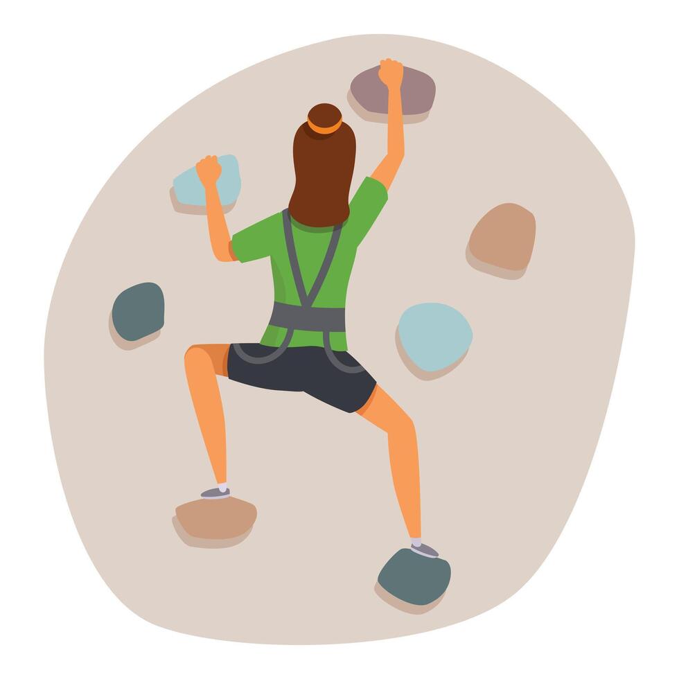Female athlete climbing artificial rock wall using colorful holds, engaging in bouldering exercise vector