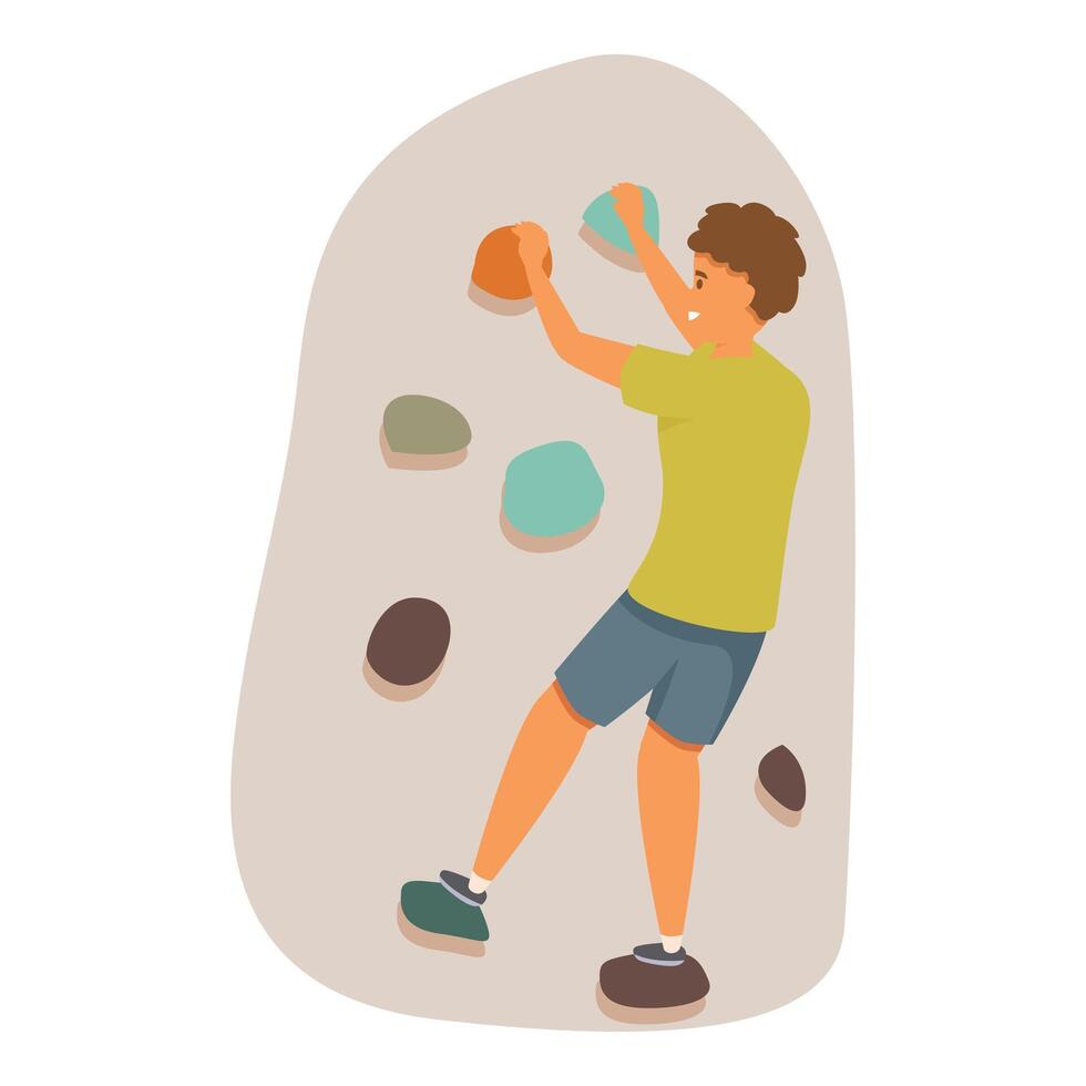 Young man climbing artificial rock wall, practicing extreme sport indoors vector