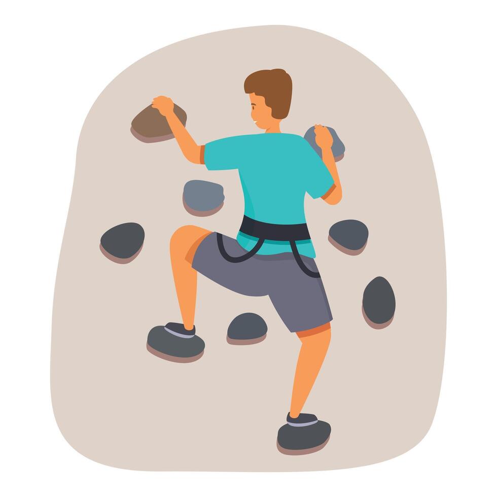 Young man climbing a rock wall using holds and harness for safety vector