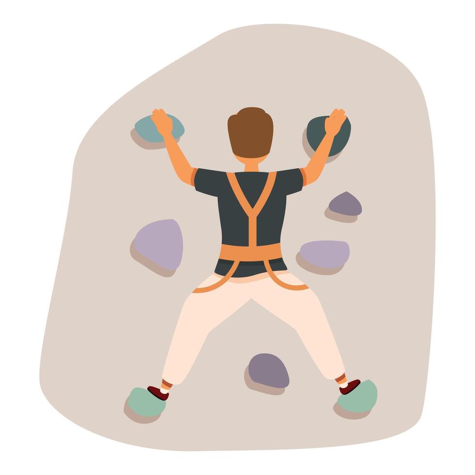 Male climber ascending climbing wall using colorful holds, engaging in extreme sport activity vector