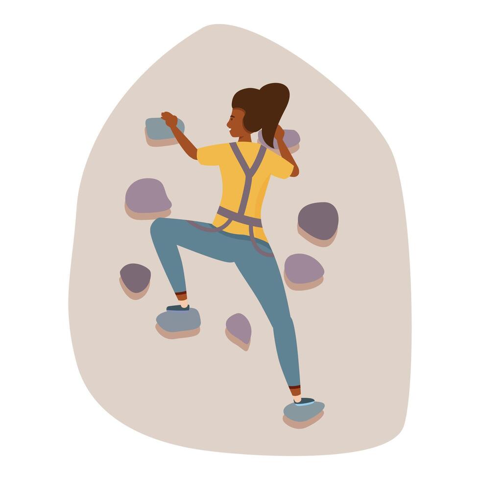 Female athlete climbing rock wall wearing safety harness vector