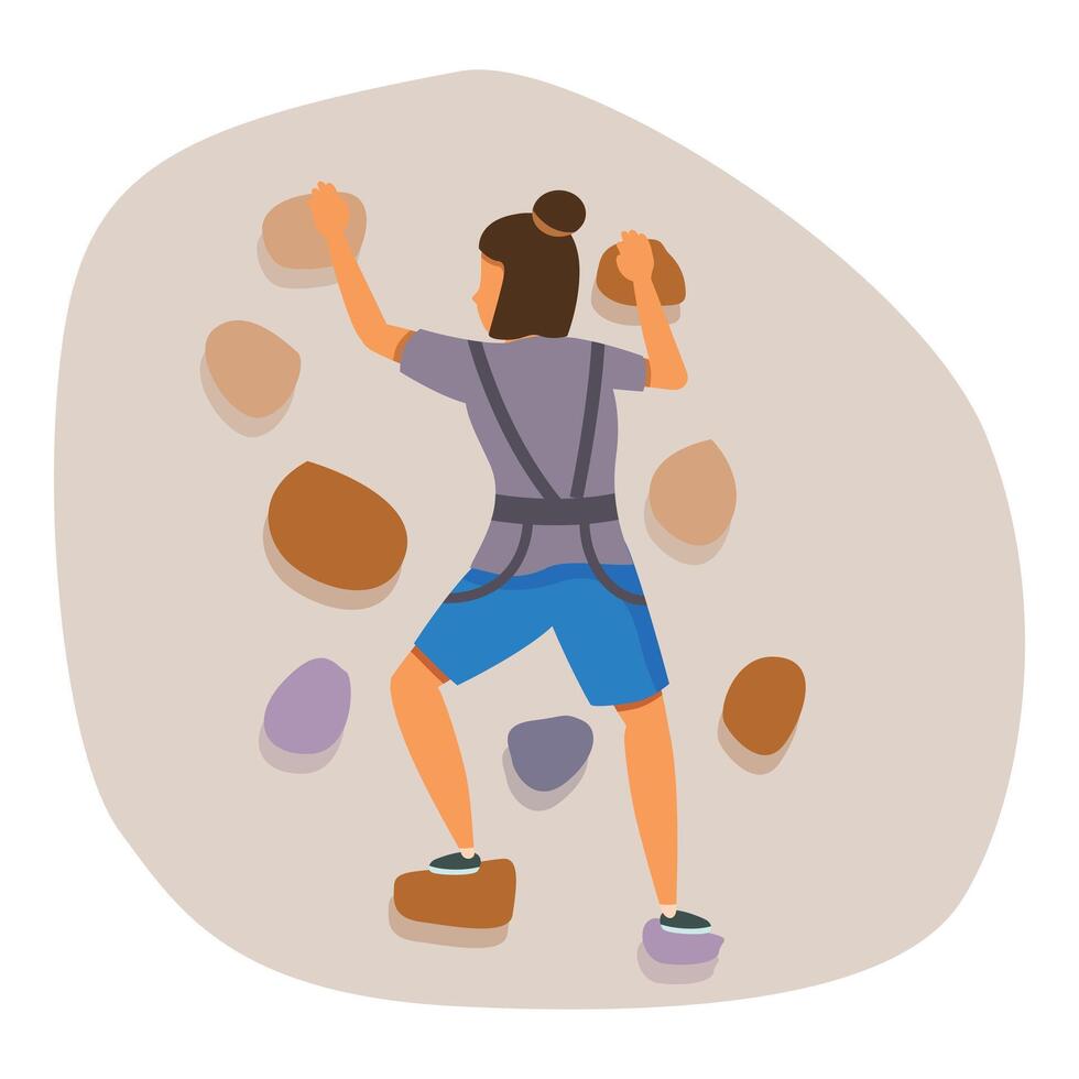Female climber ascending climbing wall, engaging in indoor rock climbing activity vector
