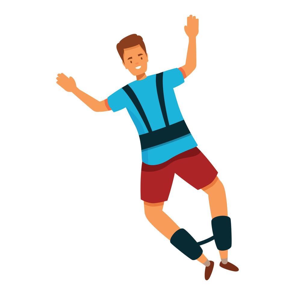 Happy man wearing jumping stilts bouncing with joy and excitement vector