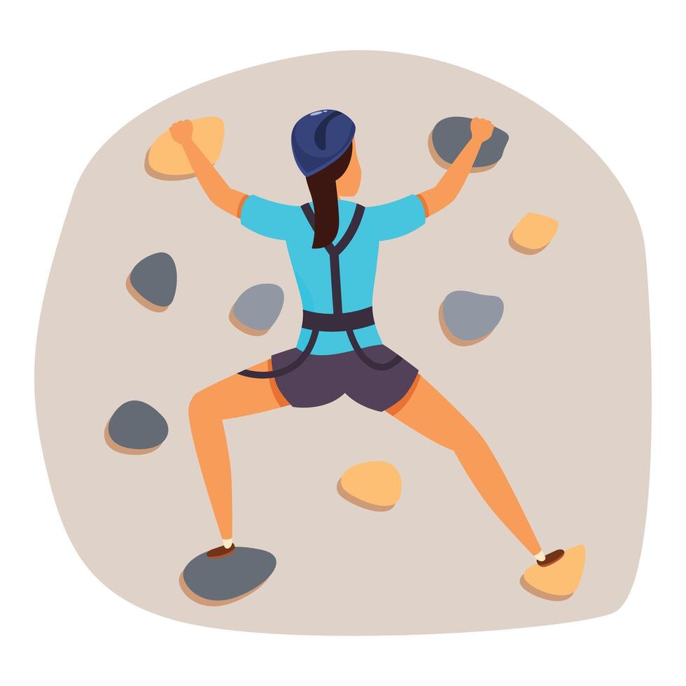 Female athlete climbing wall using safety harness and helmet vector