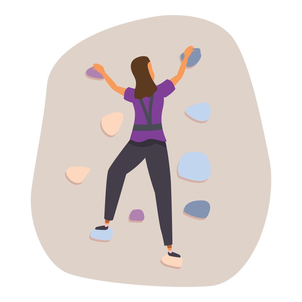 Woman climbing practice wall using colorful holds and safety harness vector