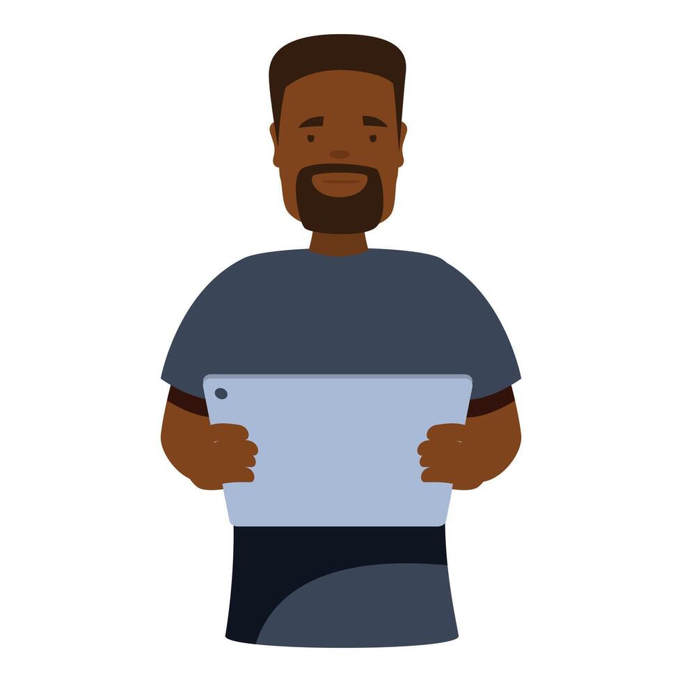 Smiling black man holding digital tablet, modern technology and communication vector