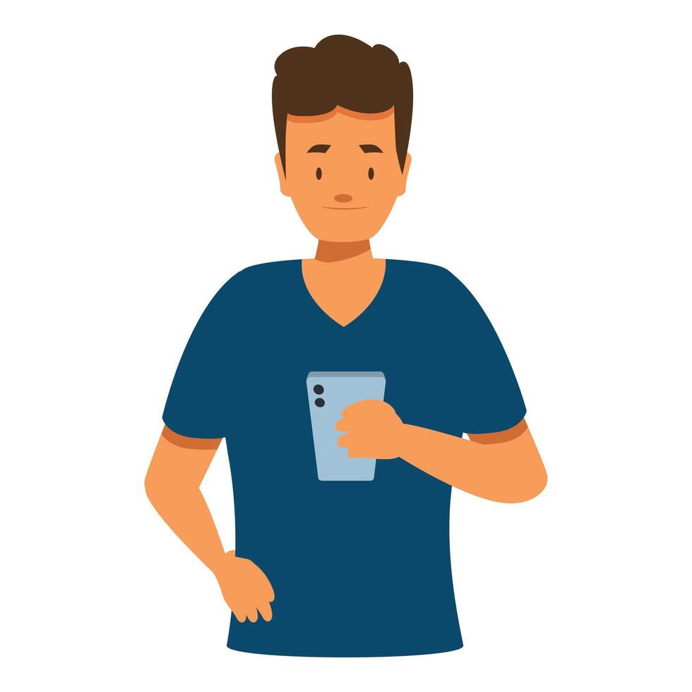 Young man holding smartphone, mobile phone user, modern communication technology vector
