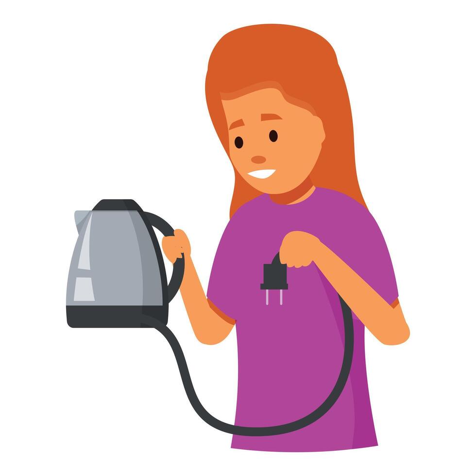 Smiling girl holding electric kettle and plug, getting ready to make hot drink vector