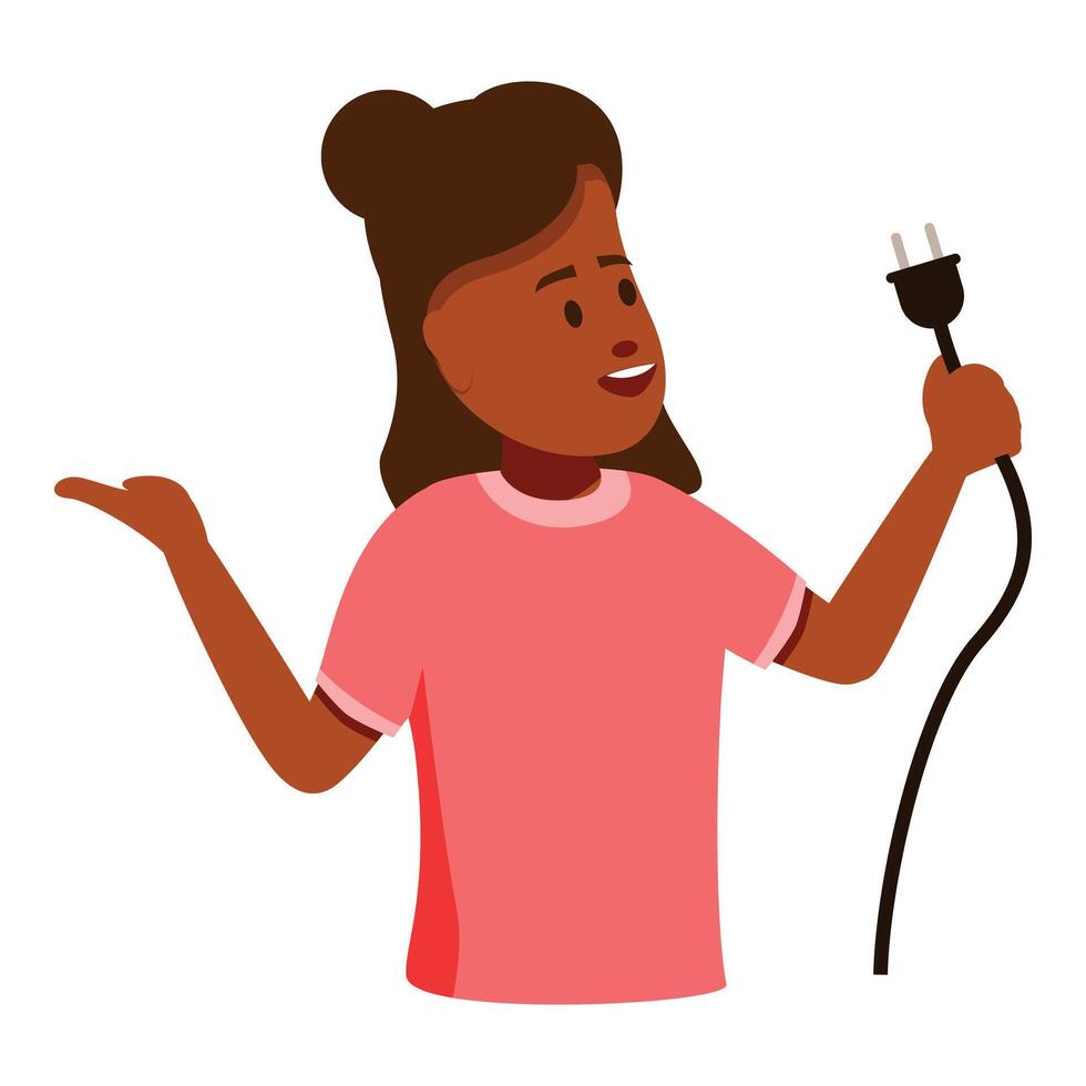 Young girl holding electrical plug and explaining electricity concept vector