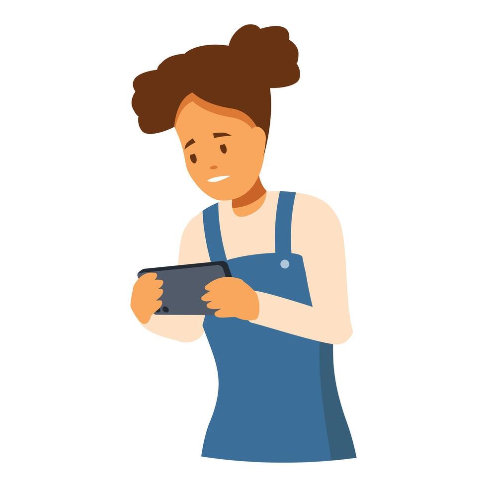 Young girl playing mobile game with a serious expression vector