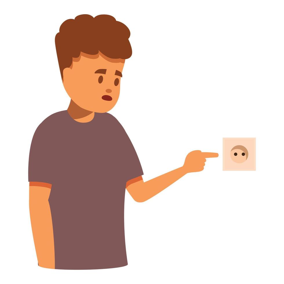 Child pointing at electrical outlet with worried expression, home safety awareness vector