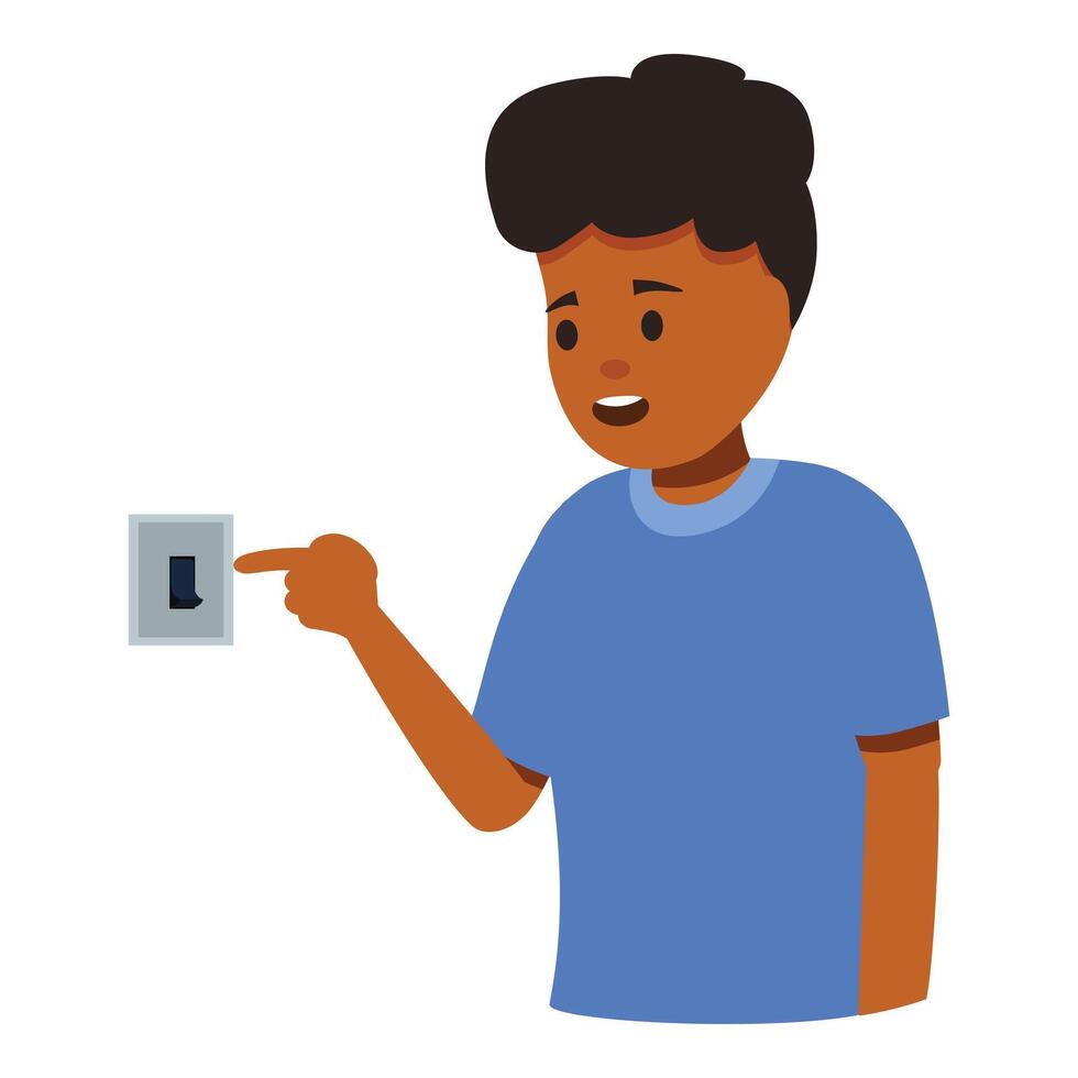 Curious child pointing at light switch, exploring electricity and safety vector