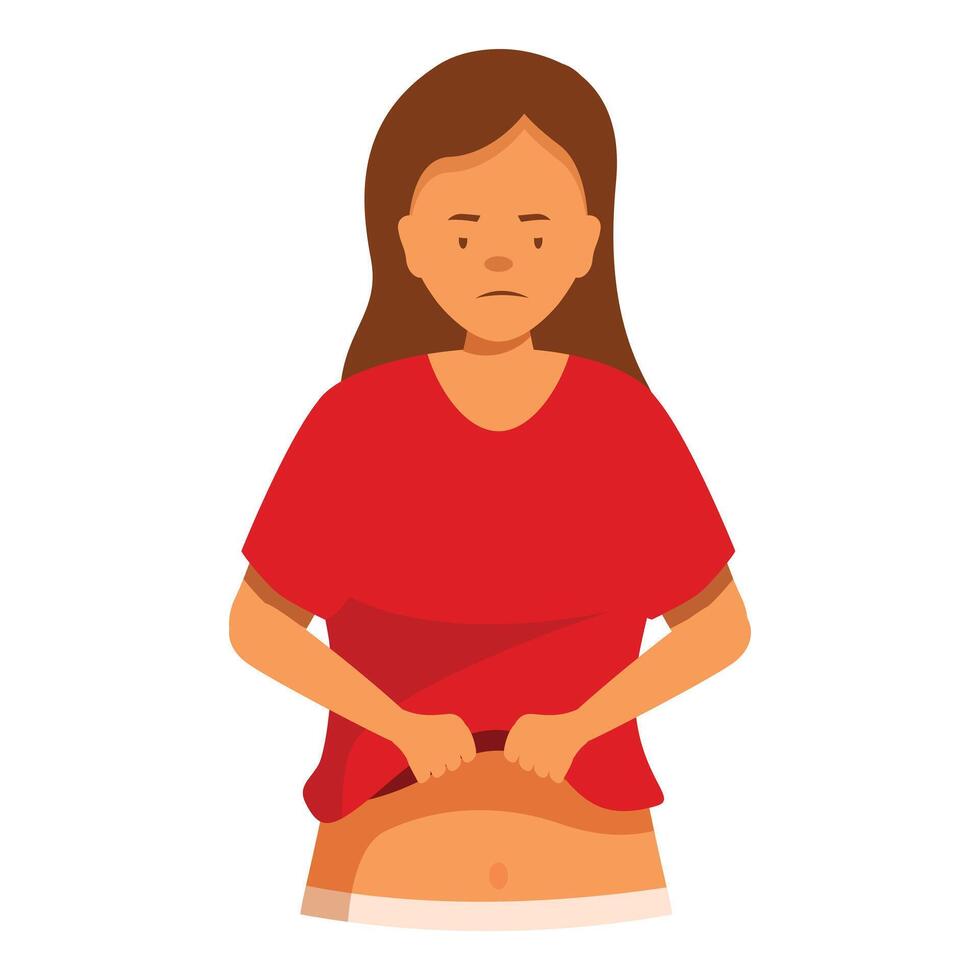 Sad woman checking belly fat gaining weight vector