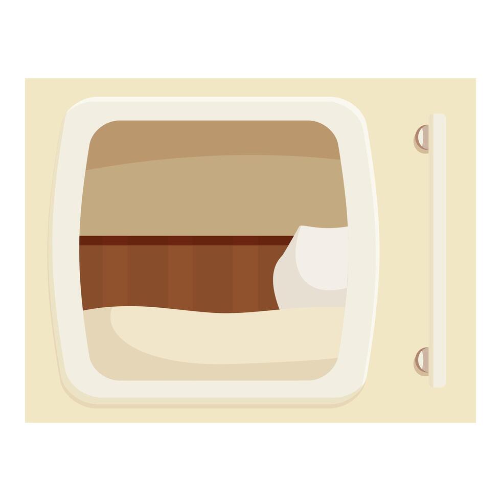 Capsule hotel room with bed and pillow resting on beige background vector