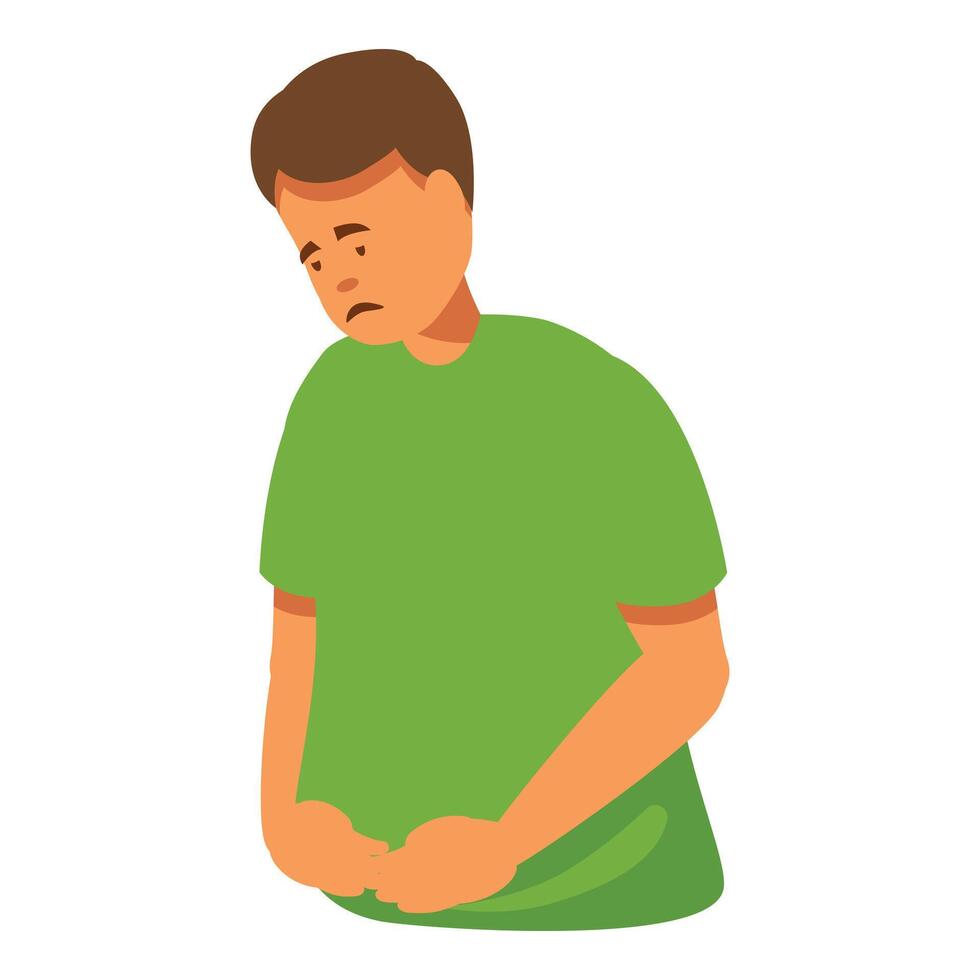 Sad boy suffering from stomach ache, holding his belly vector