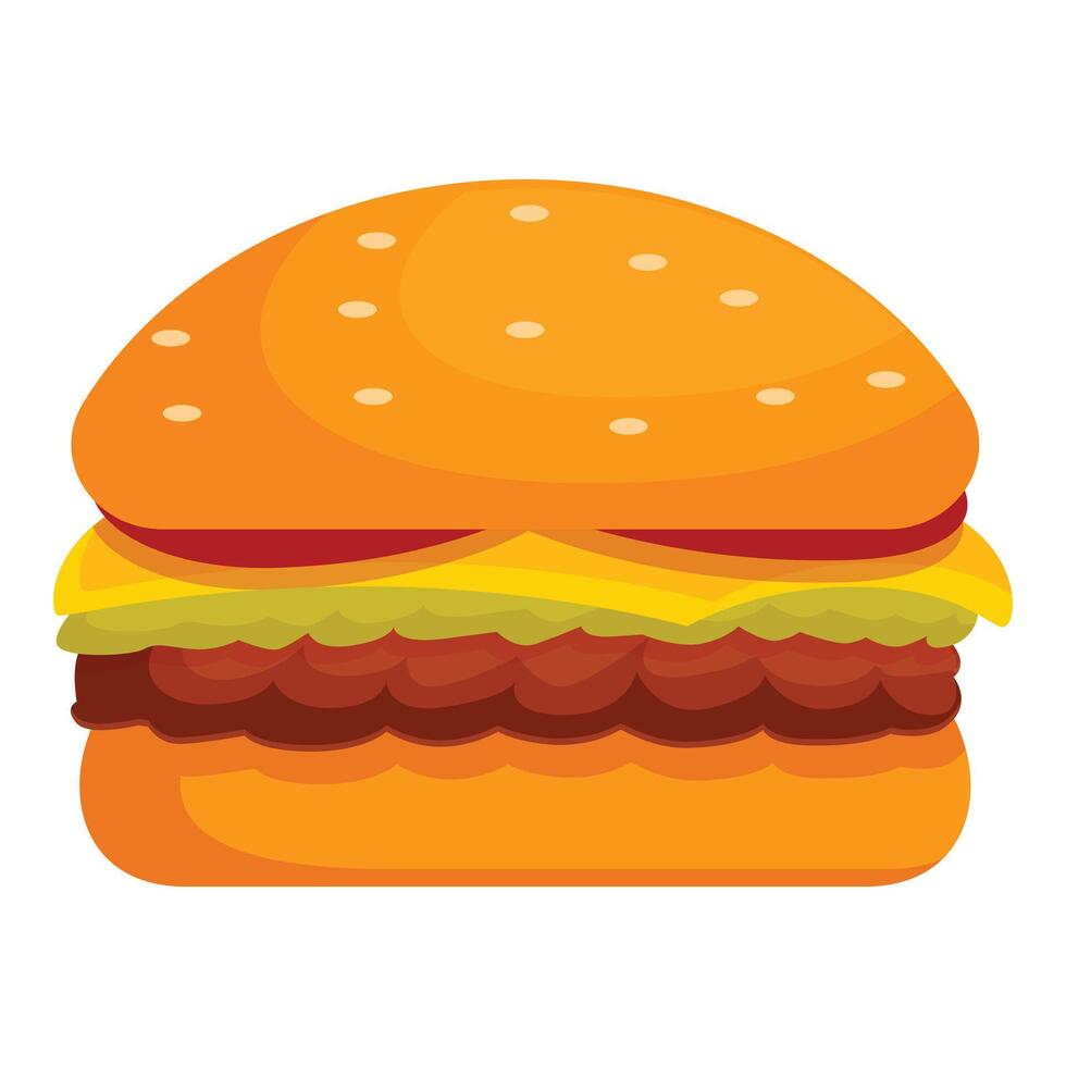 Cartoon burger with meat, cheese, salad, tomato and bread bun with sesame seeds vector