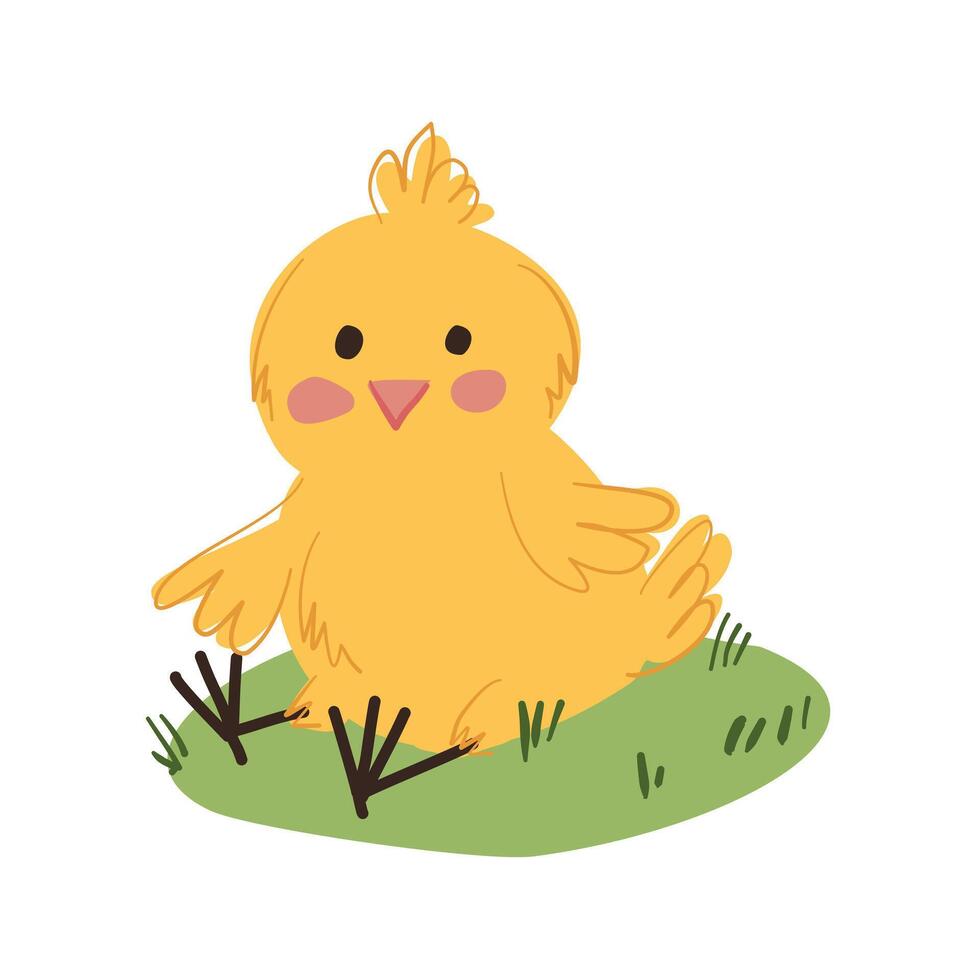 Adorable Yellow hand drawn Chick Sitting on Grass vector