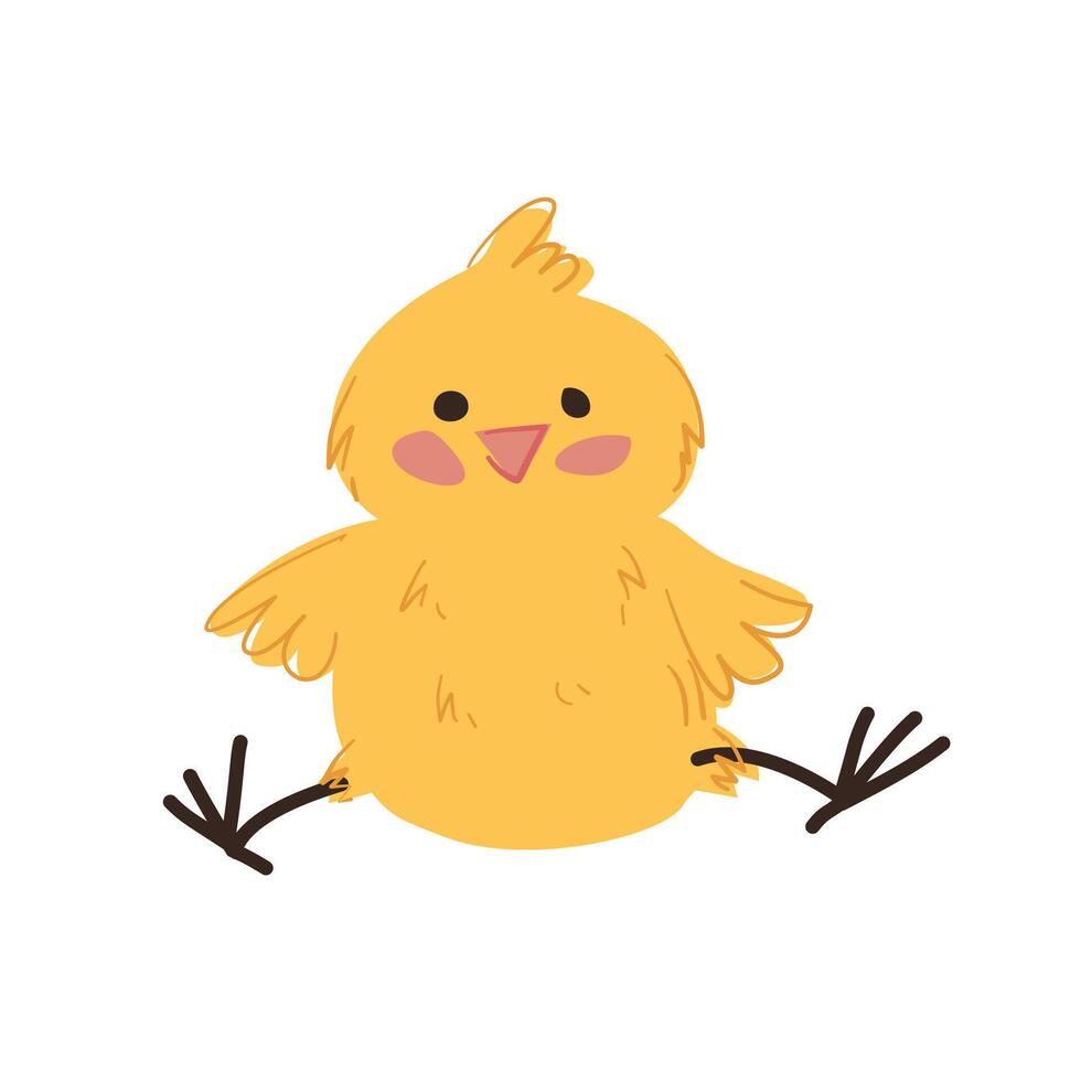 Happy Yellow Cartoon Chick Sitting with Outstretched Legs vector