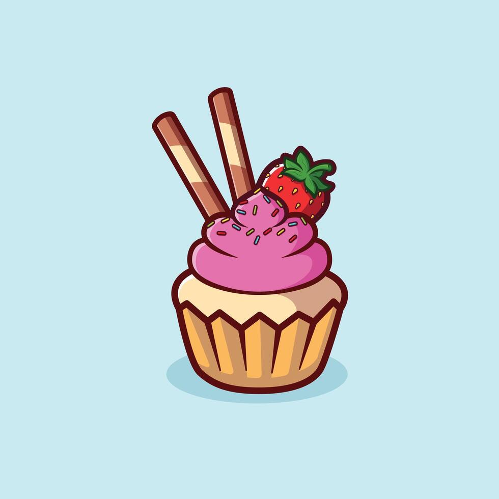 Strawberry and chocolate cream cup cake with strawberry in Cartoon Icon Illustration vector