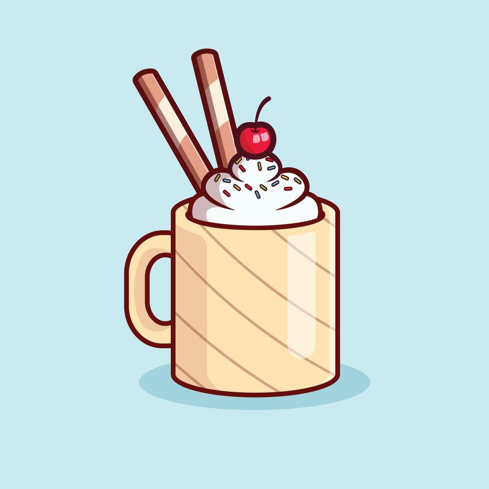 Vanilla and chocolate cream coffee Mug With berry in Cartoon Icon Illustration vector