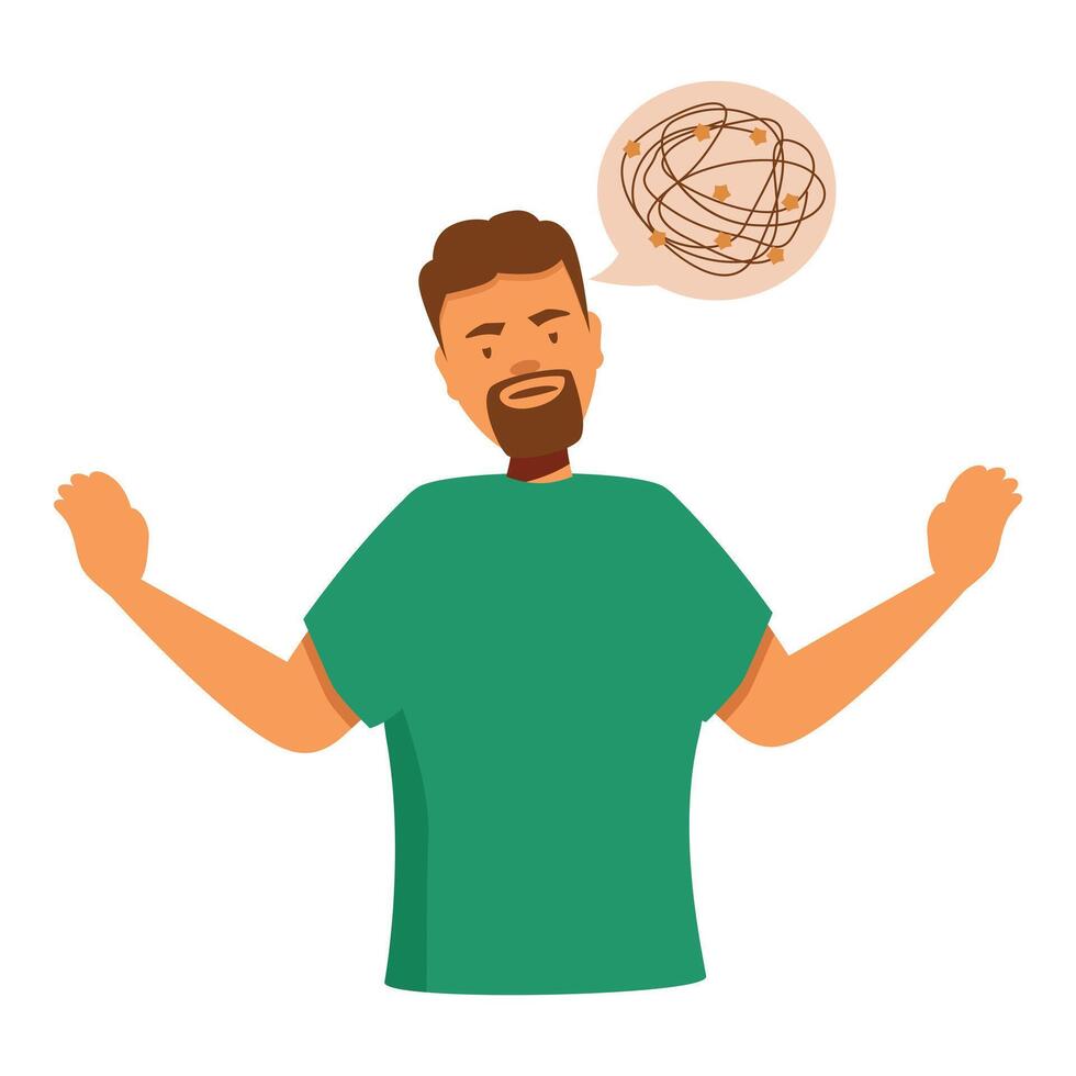 Confused man gesturing with tangled thoughts in speech bubble vector