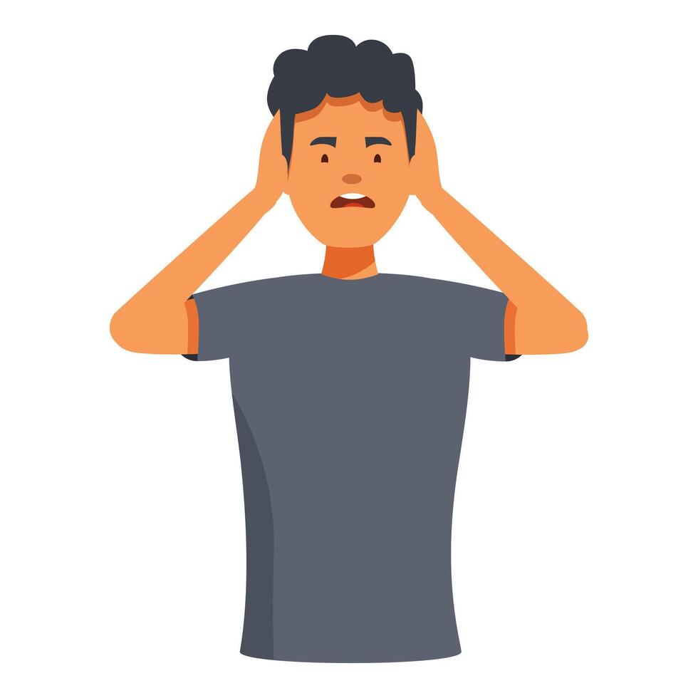 Young man covering ears suffering from tinnitus and loud noise vector