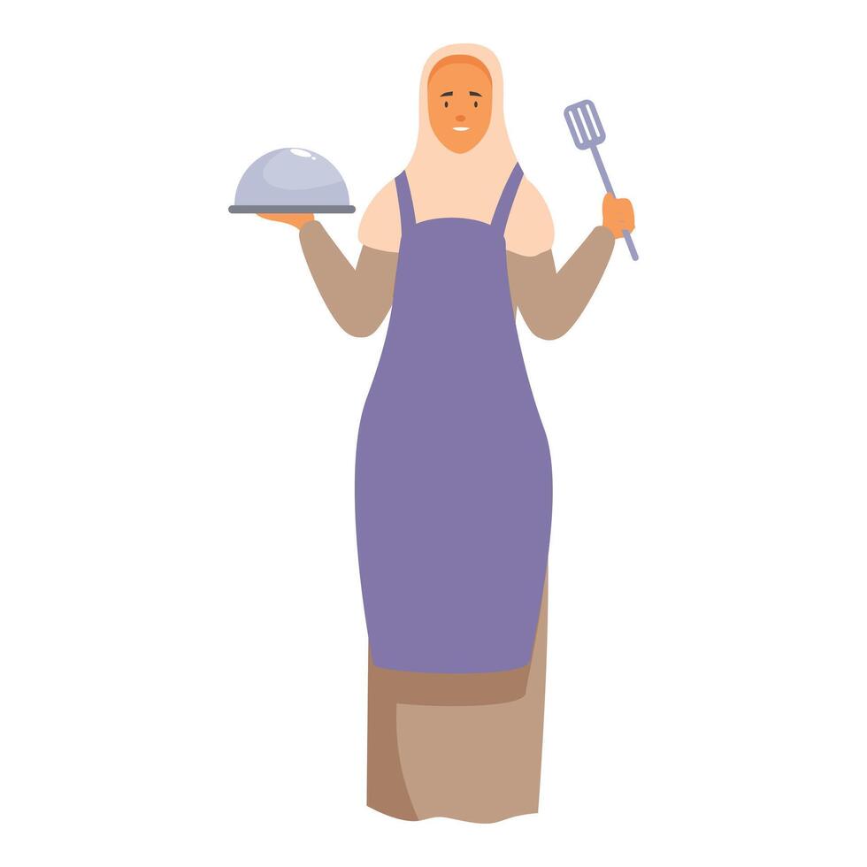 Muslim woman chef holding platter and spatula, ready to serve culinary delights vector