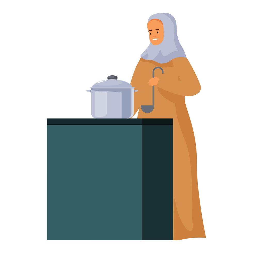 Muslim woman cooking traditional food using pot and ladle vector