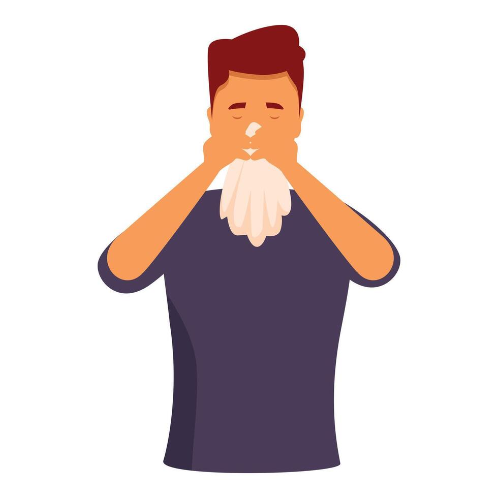 Sick man blowing nose with tissue paper, flu or allergy symptoms vector