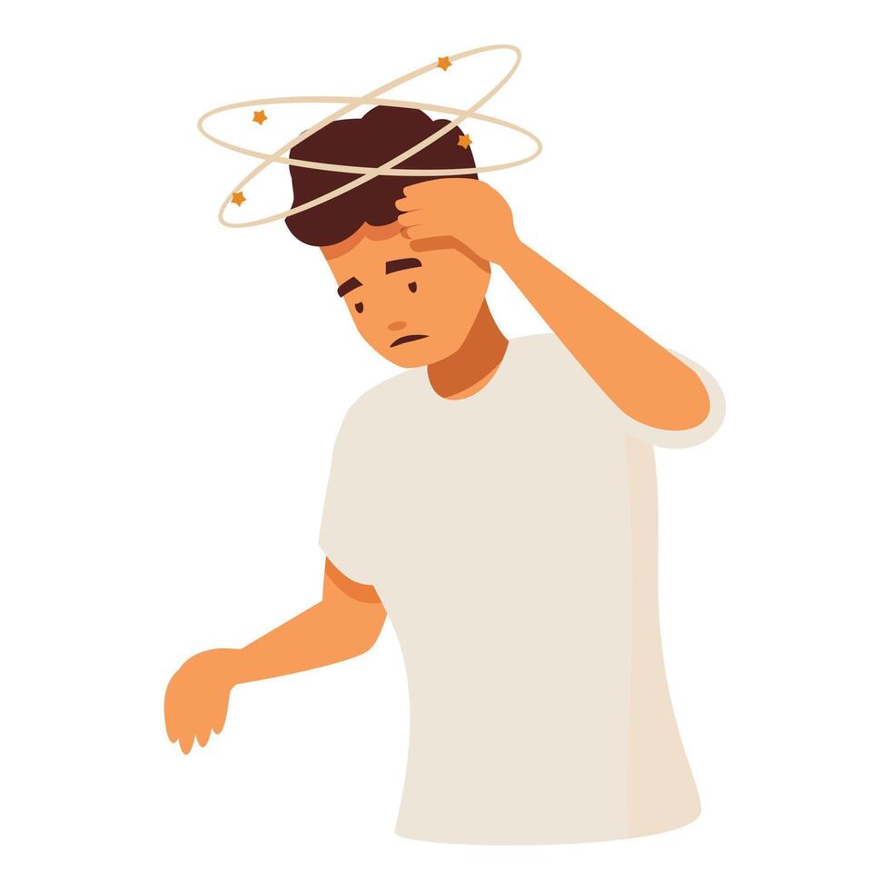 Young man feeling dizzy and suffering vertigo vector
