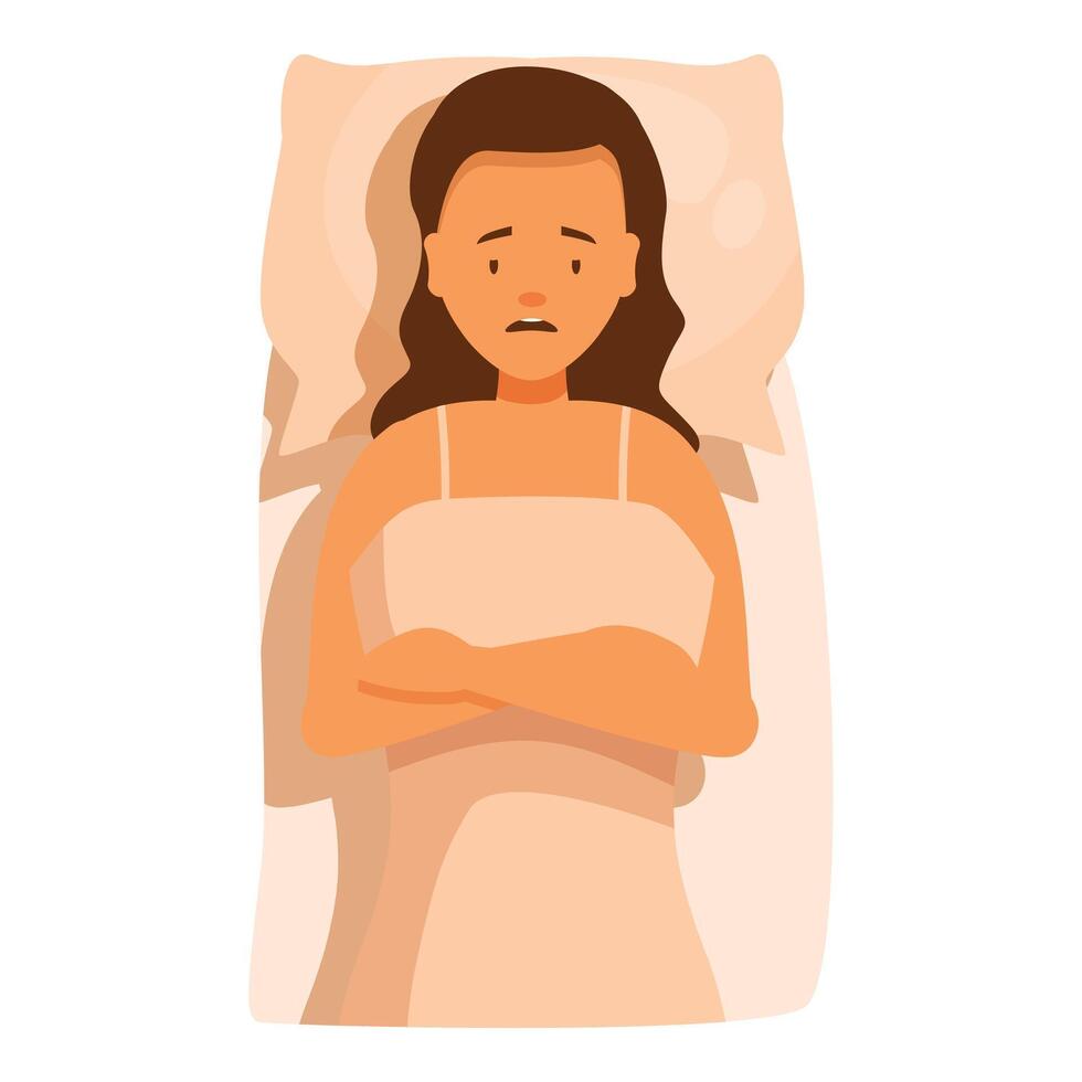 Sad woman suffering from insomnia lying in bed with crossed arms vector