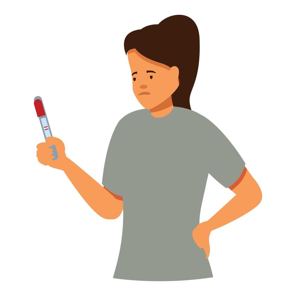 Sad woman holding positive pregnancy test, frustration and unexpected result vector