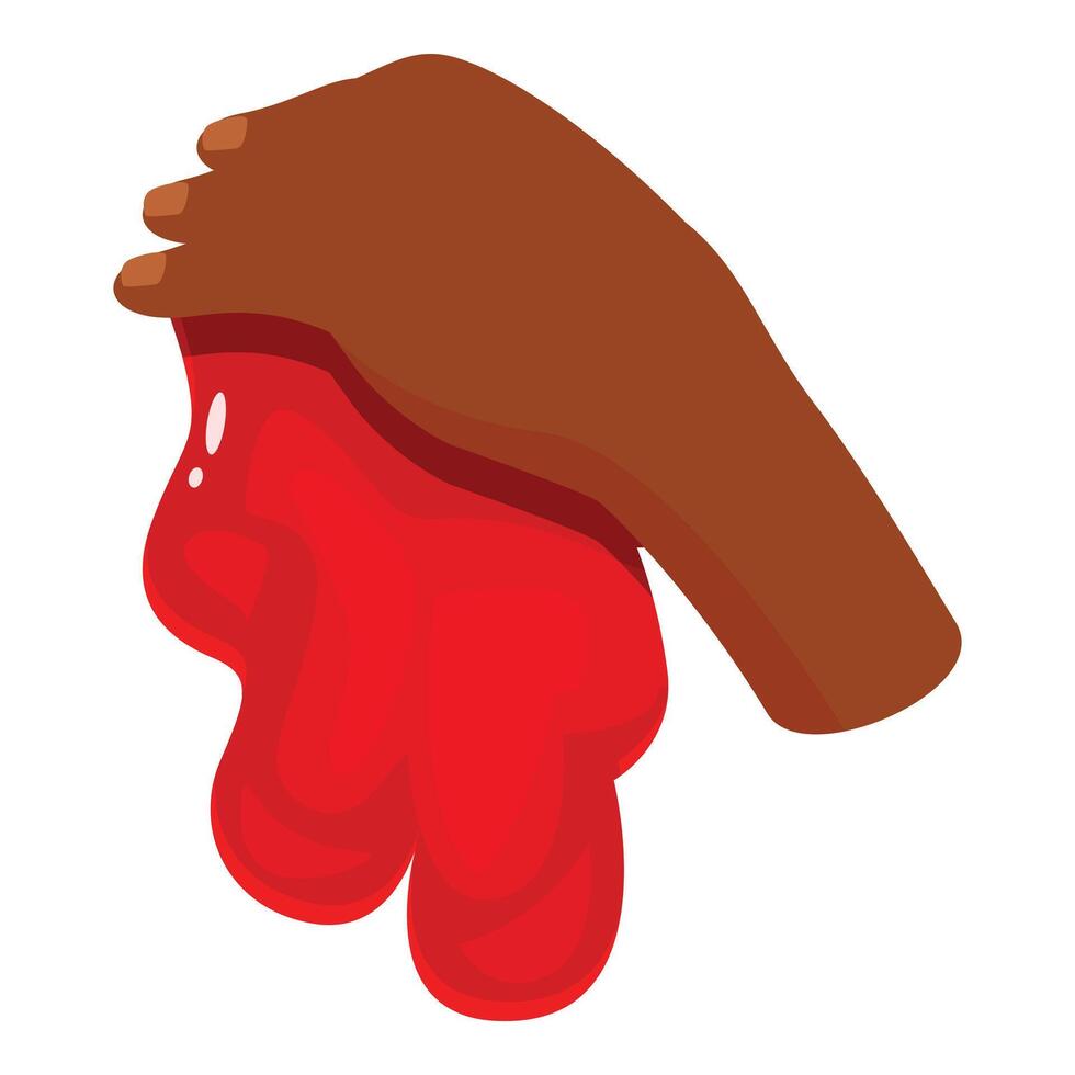 Hand holding and stretching red slime, kid playing with sticky goo vector