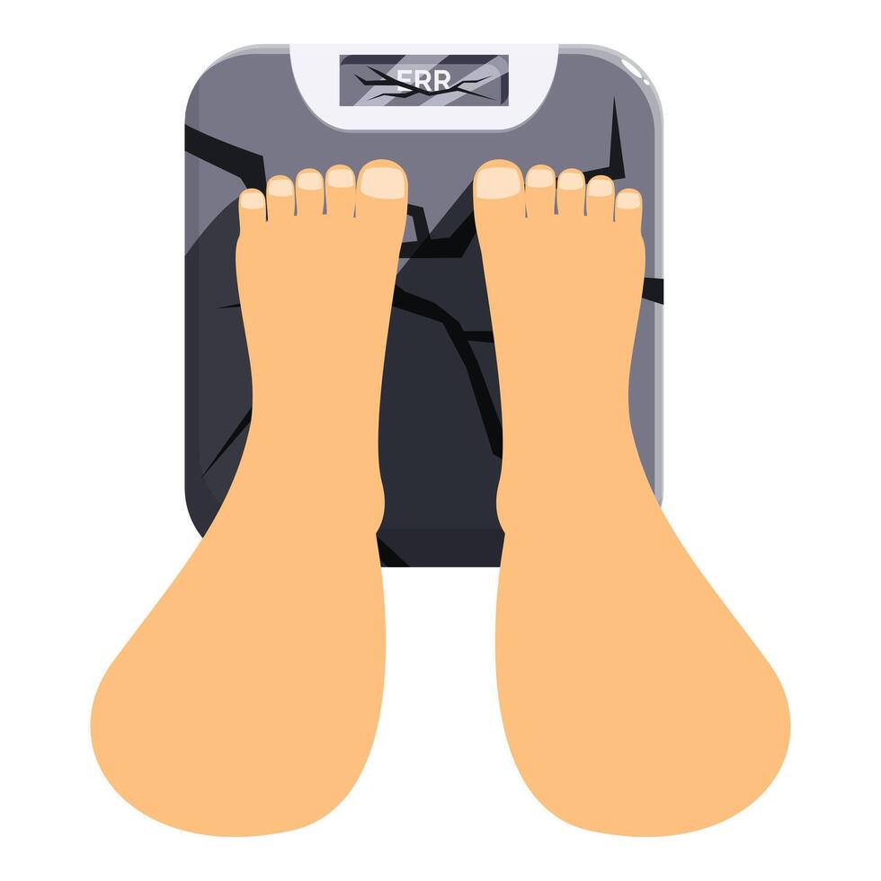 Feet standing on broken weighing scales showing error message vector
