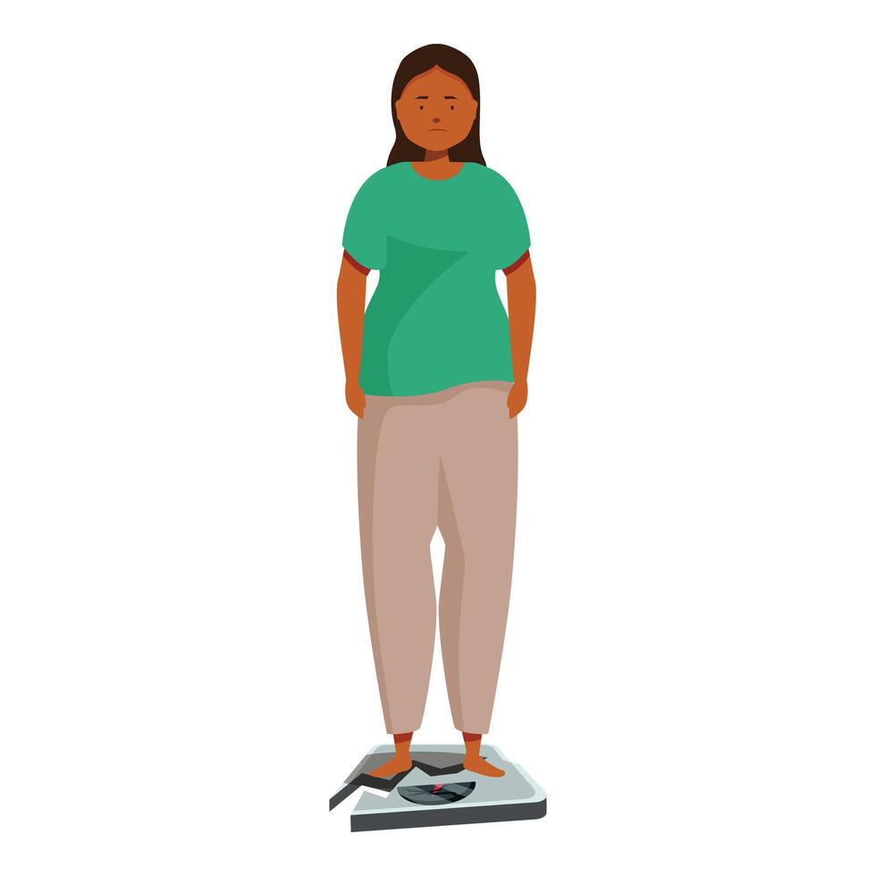 Overweight woman breaking weight scale, dieting and obesity concept vector