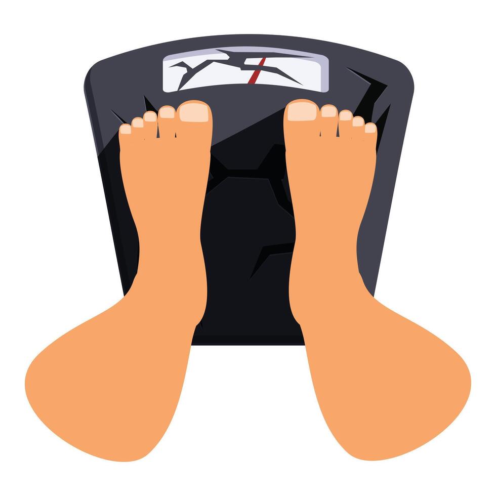 Feet standing on broken weighing scale, overweight and obesity issues vector