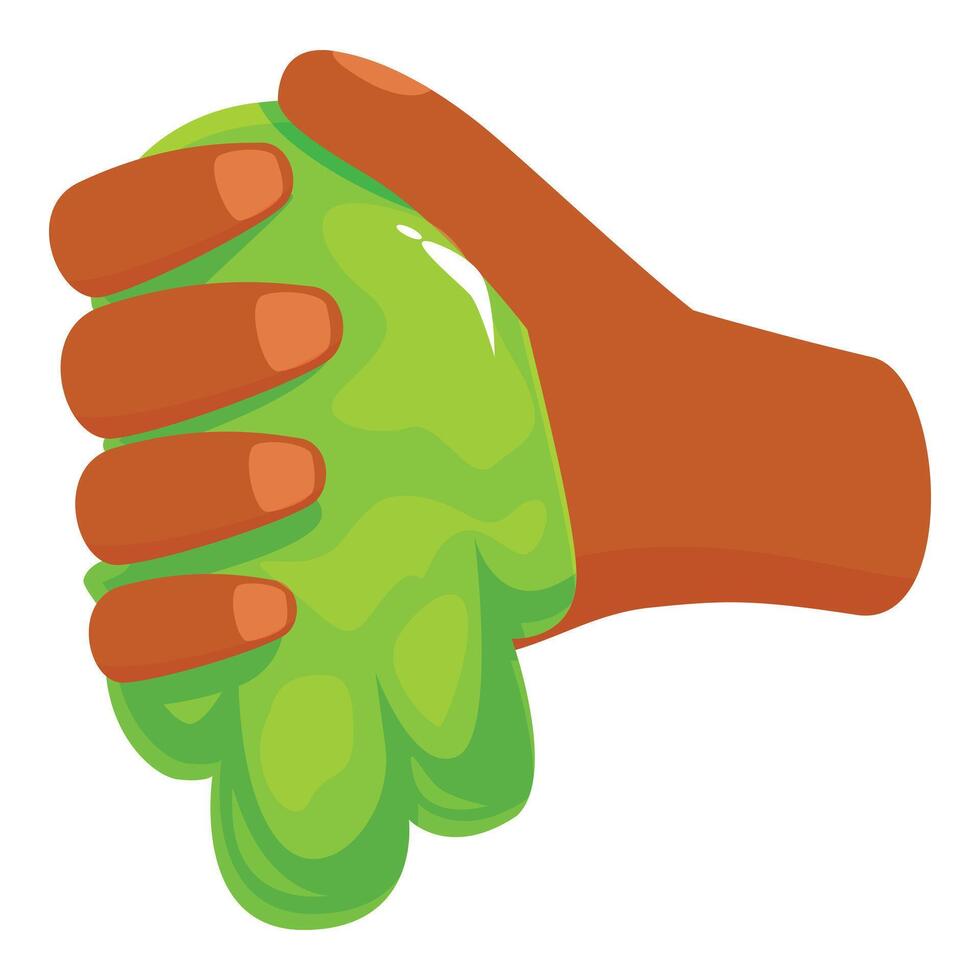 Hand holding and squeezing green slime, kid playing with goo vector