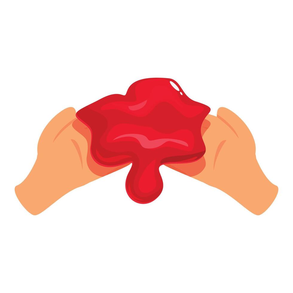 Hands holding and stretching red slime, sticky goo substance vector
