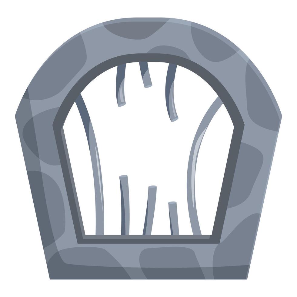 Broken metal bars behind stone arch in cartoon style vector