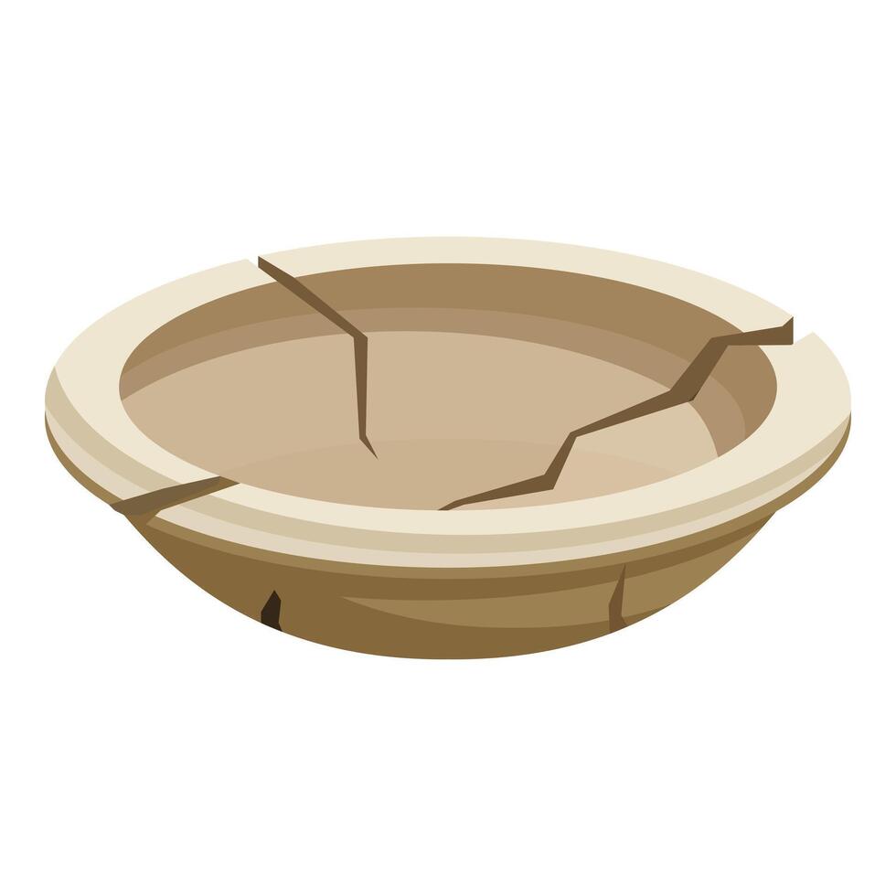 Broken clay bowl exhibiting cracks and wear, isolated on white vector