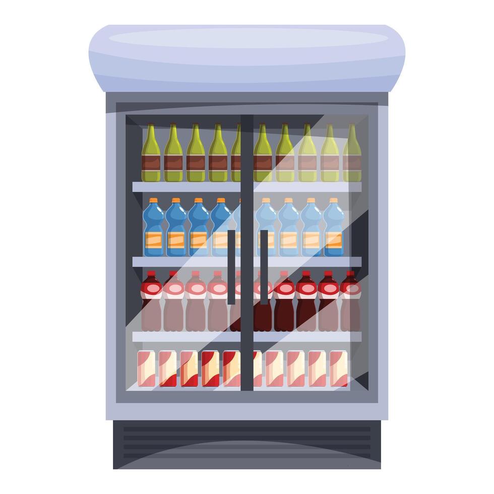 Supermarket refrigerator displaying bottled drinks and canned beverages vector