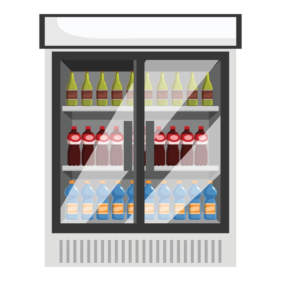 Refrigerator displaying bottled water, soda and wine bottles in supermarket vector