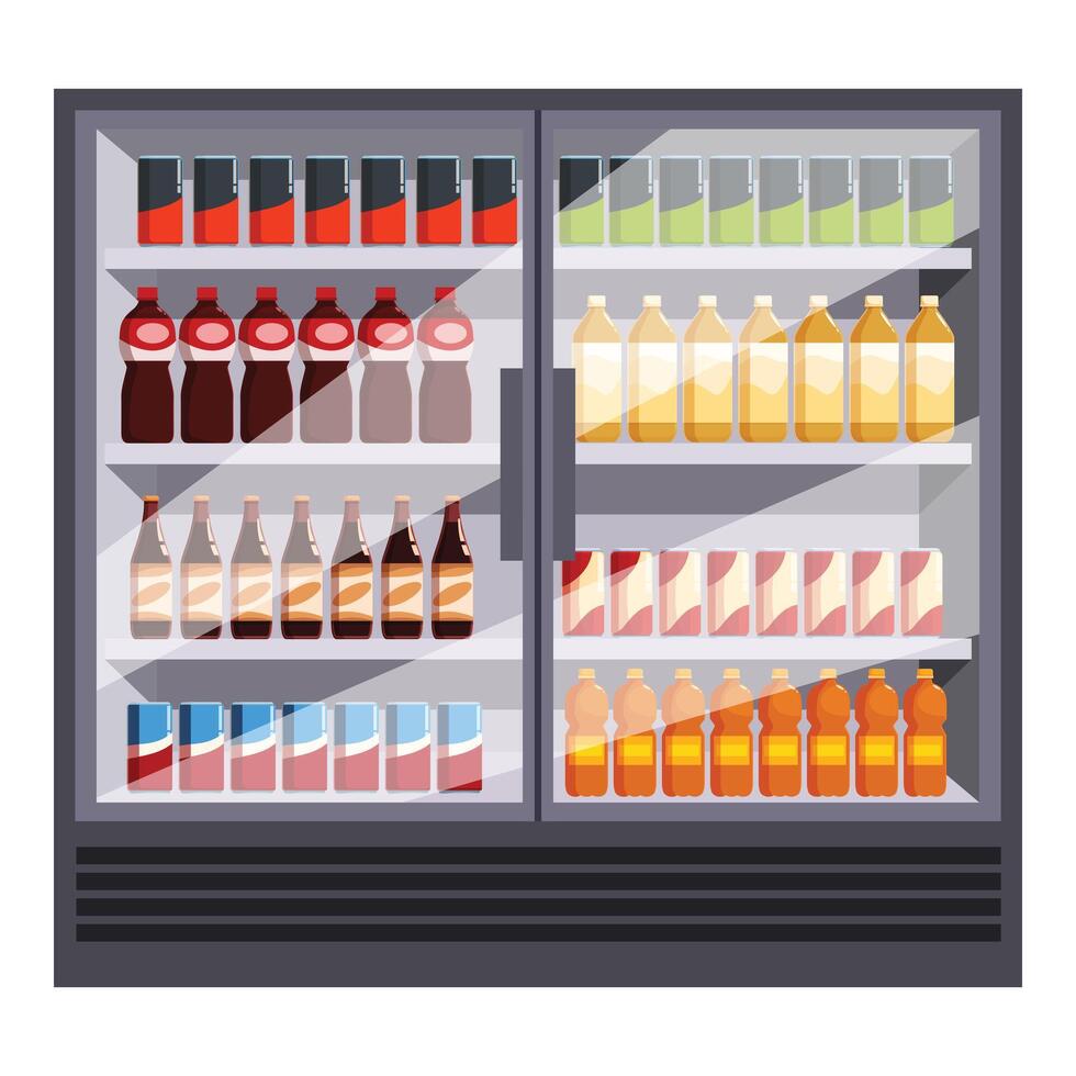 Supermarket refrigerator displaying bottled and canned beverages vector