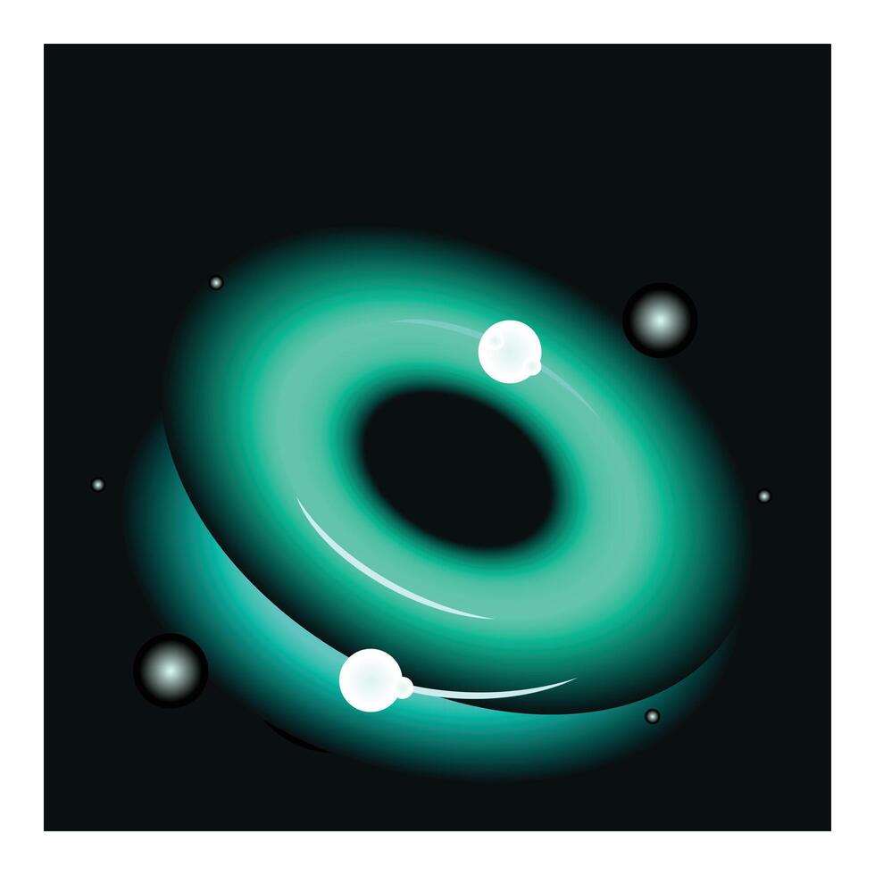 Glowing turquoise torus rotating in space with planets and stars vector