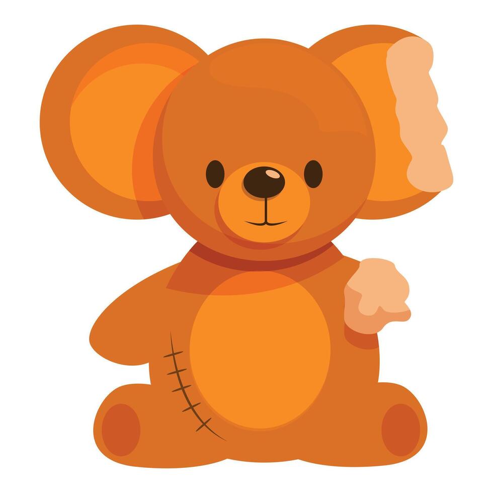 Orange teddy bear sitting with ripped ear and patched seam vector