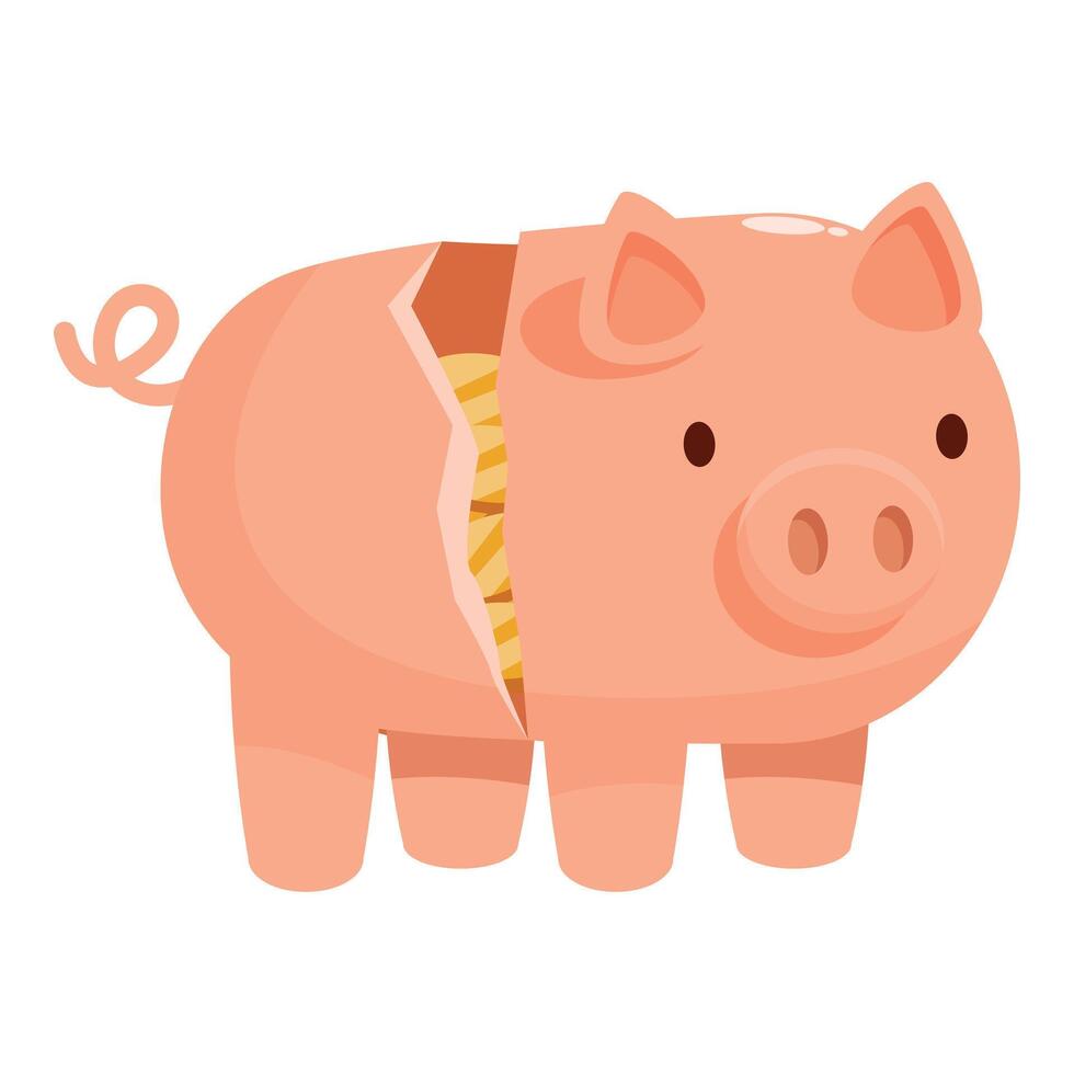 Broken piggy bank revealing golden coins inside, savings loss concept vector