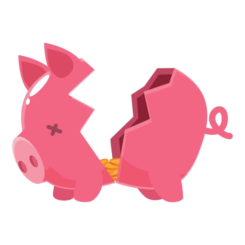 Broken piggy bank revealing few coins, bankruptcy and financial crisis concept vector